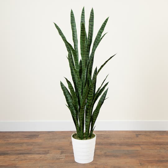 5ft. UV Resistant Artificial Snake Plant in White Decorative Planter